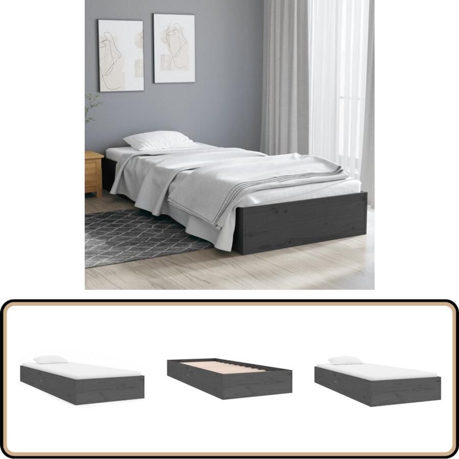 VidaXL Bedframe Massief Hout Grijs 75x190 cm Houten Bedframe Eenpersoonsbed Grijs Bedframe Modern Bedframe Met Lattenbodem