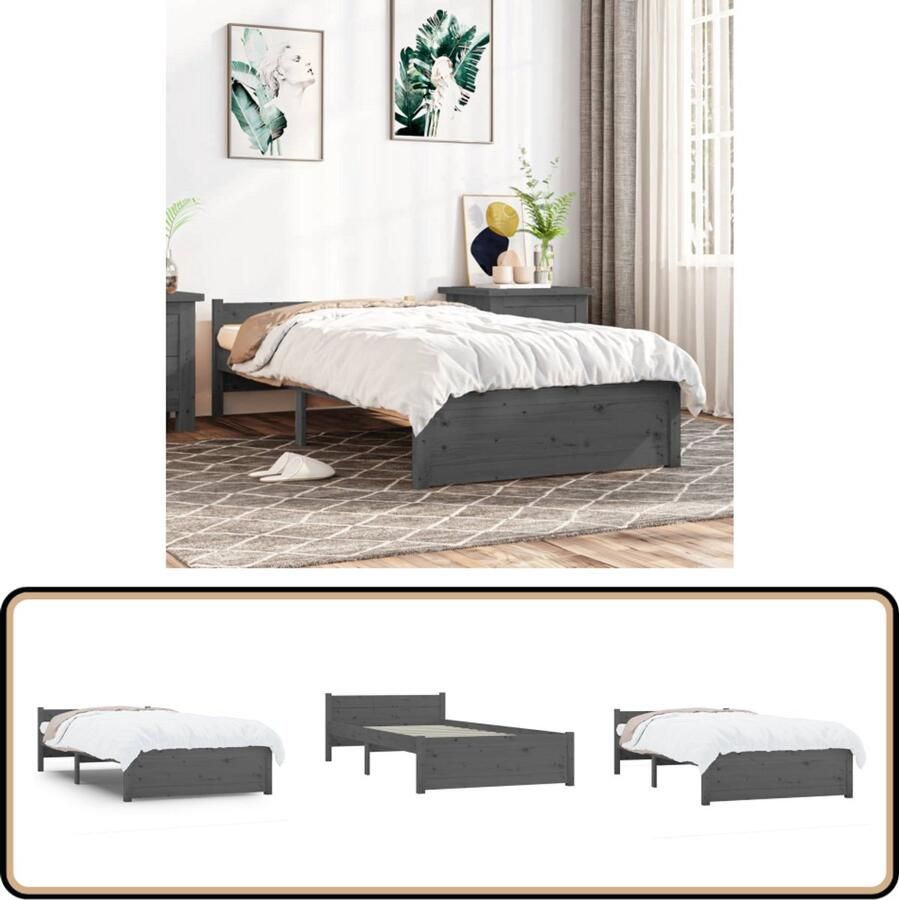 VidaXL Bedframe Massief Hout Grijs 75x190 cm Houten Bedframe Enkelbed Modern Design Massief Grenenhout Stabiele Constructie