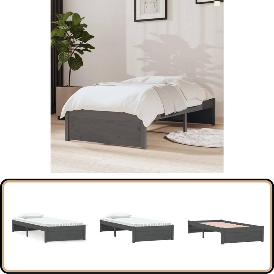 VidaXL Bedframe Massief Hout Grijs 75x190 cm Houten Bedframe Massief Grenenhout Modern Design Eenpersoonsbed Klein Bed