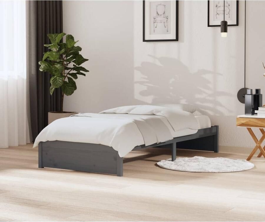 VidaXL Bedframe Massief Hout Grijs 90x200 cm Houten Bedframe Eenpersoonsbed Grijs Bedframe Modern Bedframe 90x200 Stapelbare Bedbodems - Foto 2