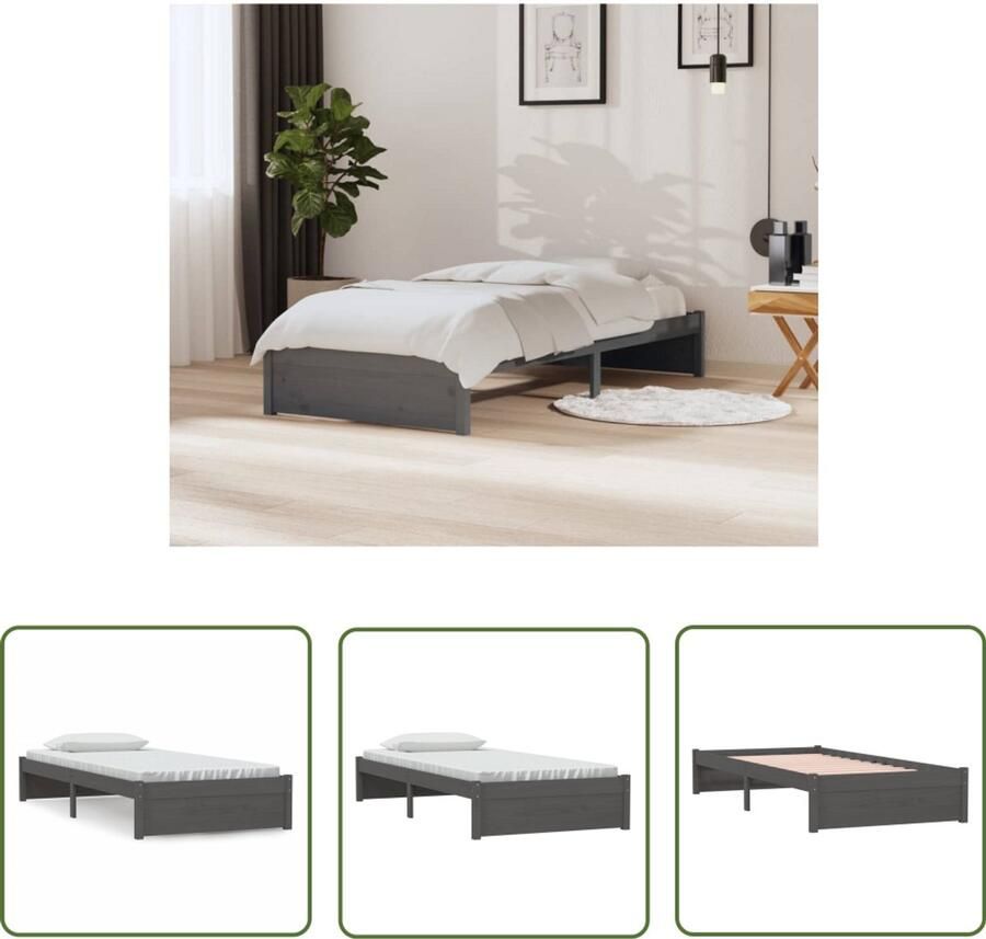 VidaXL Bedframe Massief Hout Grijs 90x200 cm Houten Bedframe Eenpersoonsbed Grijs Bedframe Modern Bedframe 90x200 Stapelbare Bedbodems