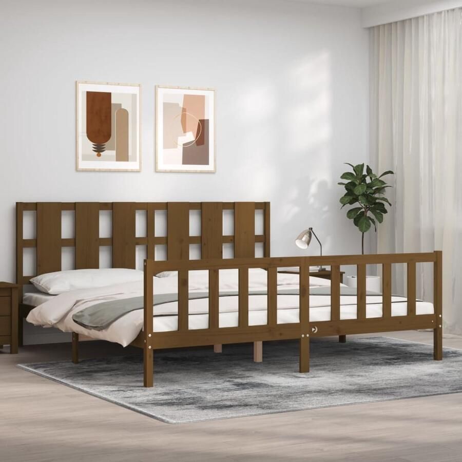 VidaXL Bedframe Massief Hout Honingbruin 200x200 cm Massief Hout Bed Grenenhouten Bed Tweepersoons Bed Honigbruin Bed Lattenbodem Bed Functionele Headboard - Foto 3