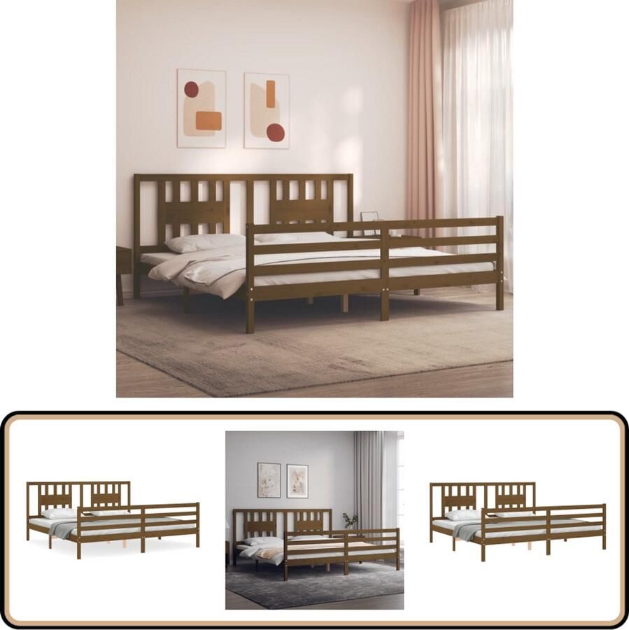 VidaXL Bedframe Massief Hout Honingbruin 200x200 cm Massief Hout Bed Grenenhouten Bed Tweepersoons Bed Honigbruin Bed Lattenbodem Bed Functionele Headboard