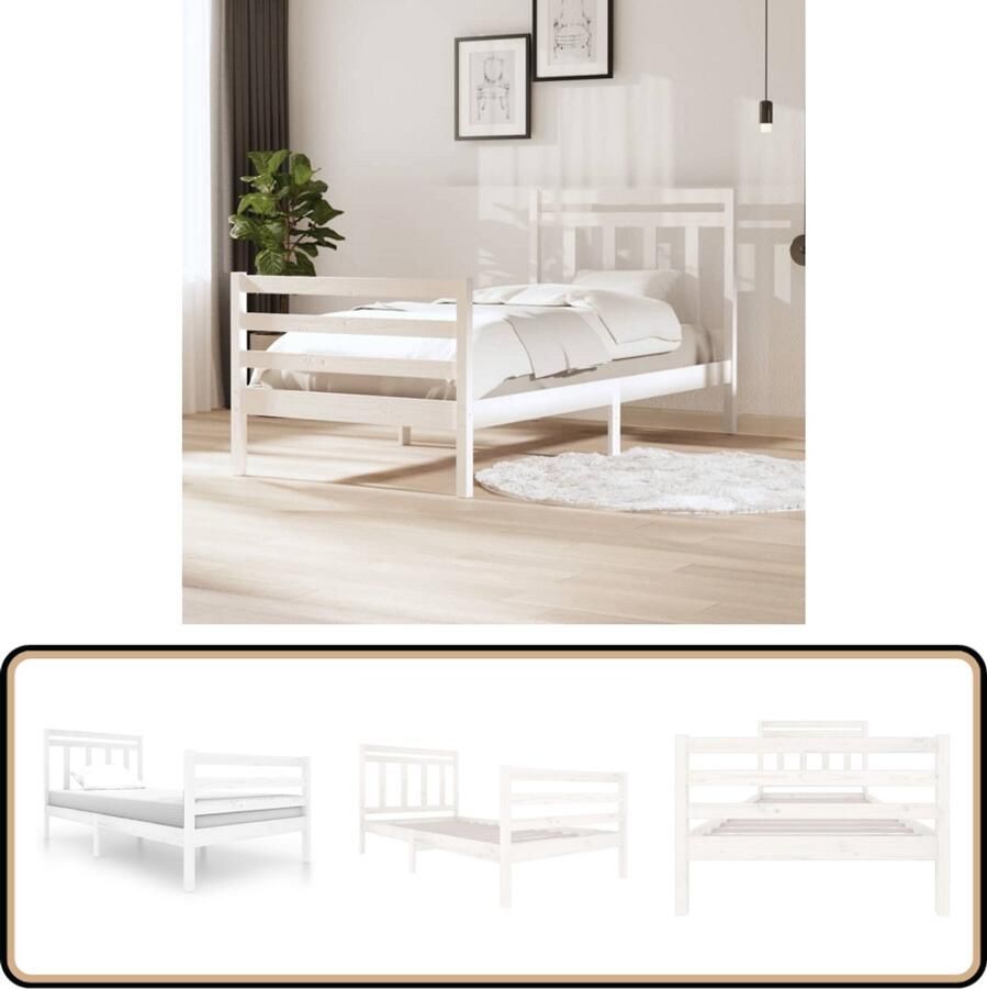 VidaXL Bedframe massief hout Wit 100x200 cm Bedframe Massief Hout Bed Grenenhouten Bed Tweepersoons Bed Witte Bed