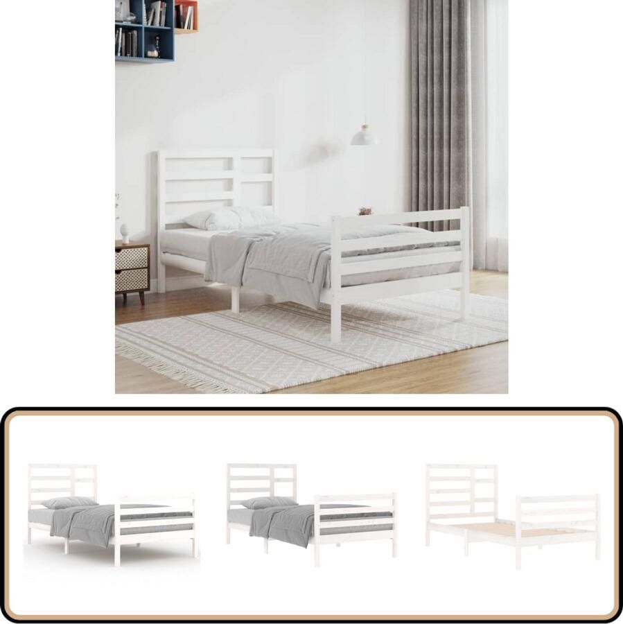 VidaXL Bedframe massief hout wit 100x200 cm Houten Bedframe Enkelbed Massief Grenenhout Witte Kleur Stabiele Constructie Modern Design Klein Appartement Kinderkamer