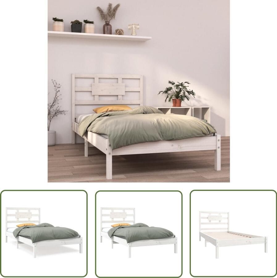 VidaXL Bedframe massief hout wit 100x200 cm Houten Bedframe Tweepersoonsbed Bedbodems Bedbank Slaapkamers Witte Meubels Modern Bed Minimalistisch Bed Houten Meubelen