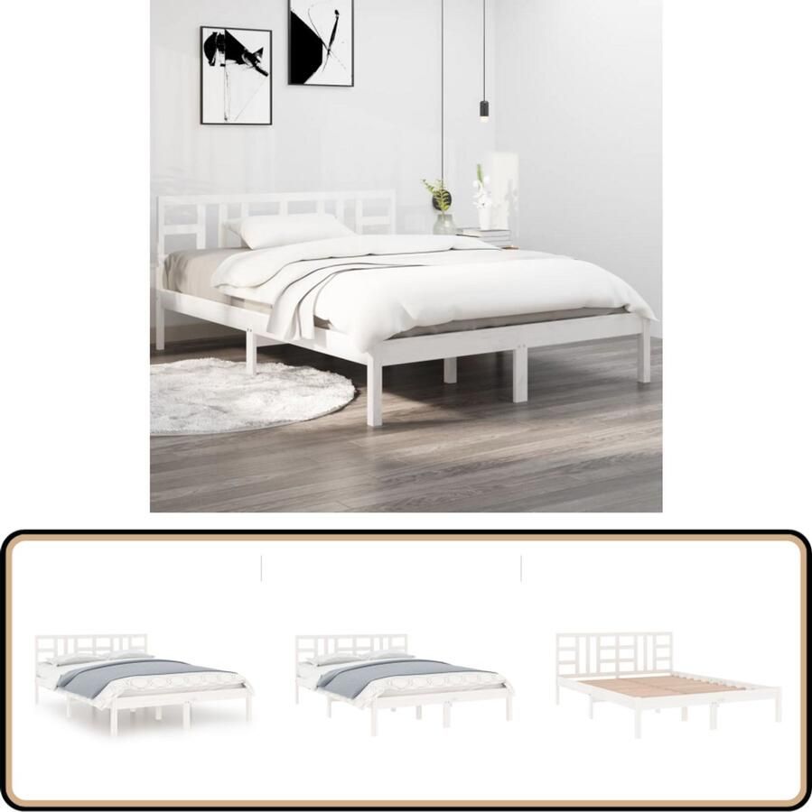 VidaXL Bedframe Massief Hout Wit 120x190 cm Bed Frame Houten Bed Tweepersoonsbed Bedkast Witte Bed