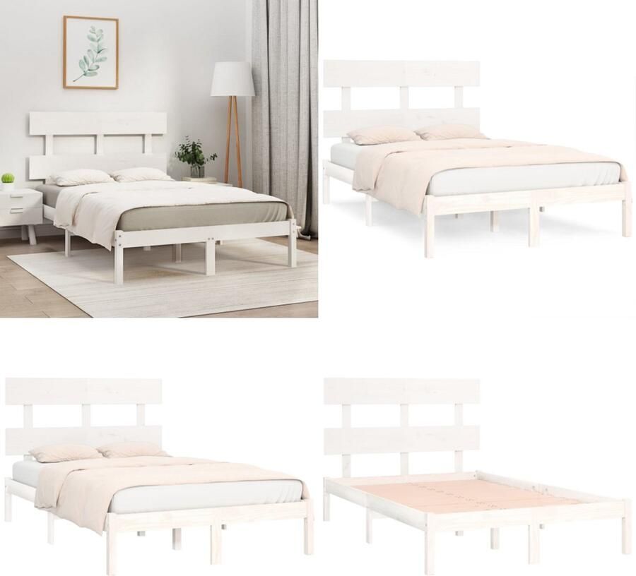 The Living Store Bedframe Grenenhout 195.5 x 125.5 x 31 cm Wit Houten Bedframe Grenenhout Massief Hout Bed Enkel Bed Tweepersoonsbed - Foto 2