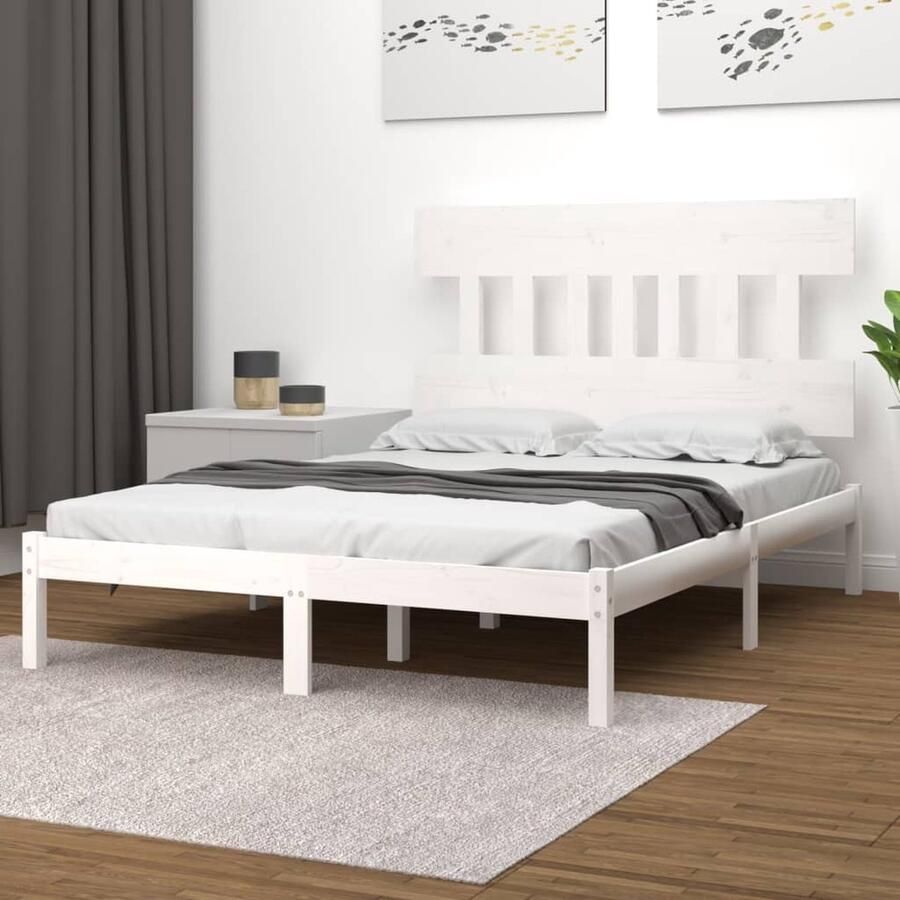 VidaXL Bedframe massief hout wit 135x190 cm Houten Bedframe Massief Grenenhout Bedframe Wit Tweepersoons Bed King Size Bed Slaapcomfort Hoofdbord Stapelbare Boxspring - Foto 2