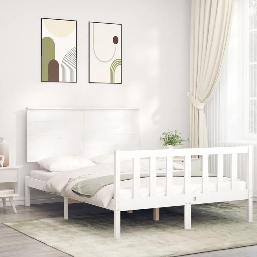 VidaXL Bedframe Massief Hout Wit 120x190 cm Massief Houten Bed Frame Tweepersoons Bed Witte Bed Frame Hoofd Bord Bed Frame Kopen Slaapkamer Meubels - Foto 2