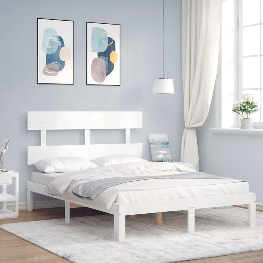 VidaXL Bedframe Massief Hout Wit 120x190 cm Slaapkamer Meubels Tweepersoonsbed Grenenhout Bed Witte Bed Frame Hoofdbord Latex Matras - Foto 2