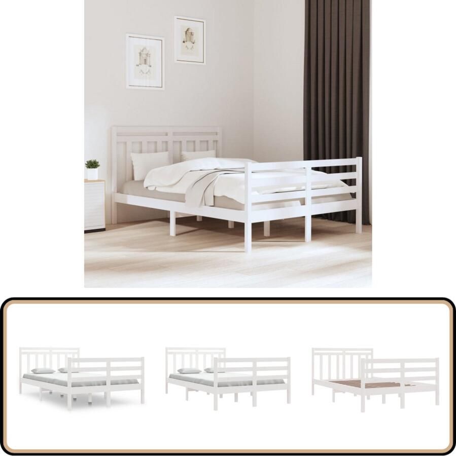 VidaXL Bedframe massief hout wit 120x200 cm Bed Frame Houten Bed Tweepersoonsbed Witte Bed Bedkast