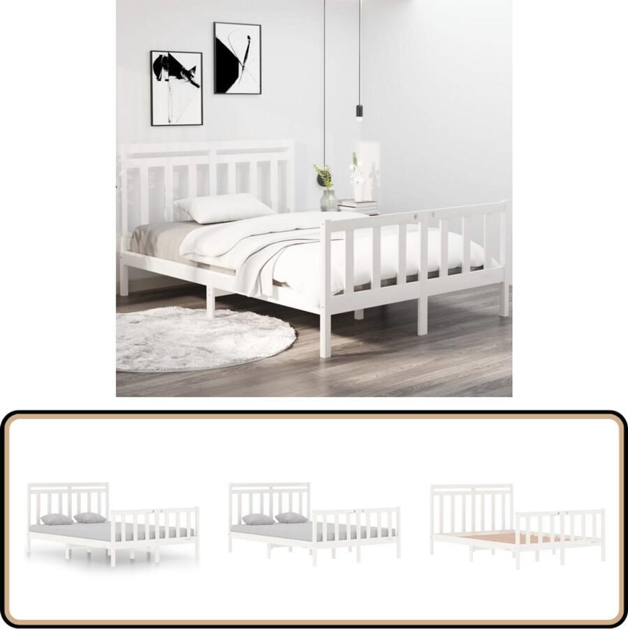 VidaXL Bedframe Massief Hout Wit 135x190 cm Bedframe Grenenhouten Bed Dubbele Bed Wit Bed Houten Bed Tweepersoonsbed Slaapkamer Meubels