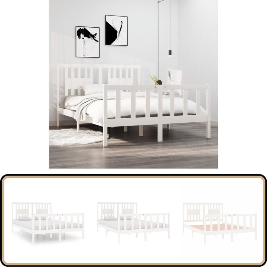 VidaXL Bedframe Massief Hout Wit 135x190 cm Houten Bed Frame Dubbele Bed Classic Design Witte Kleur Massief Hout