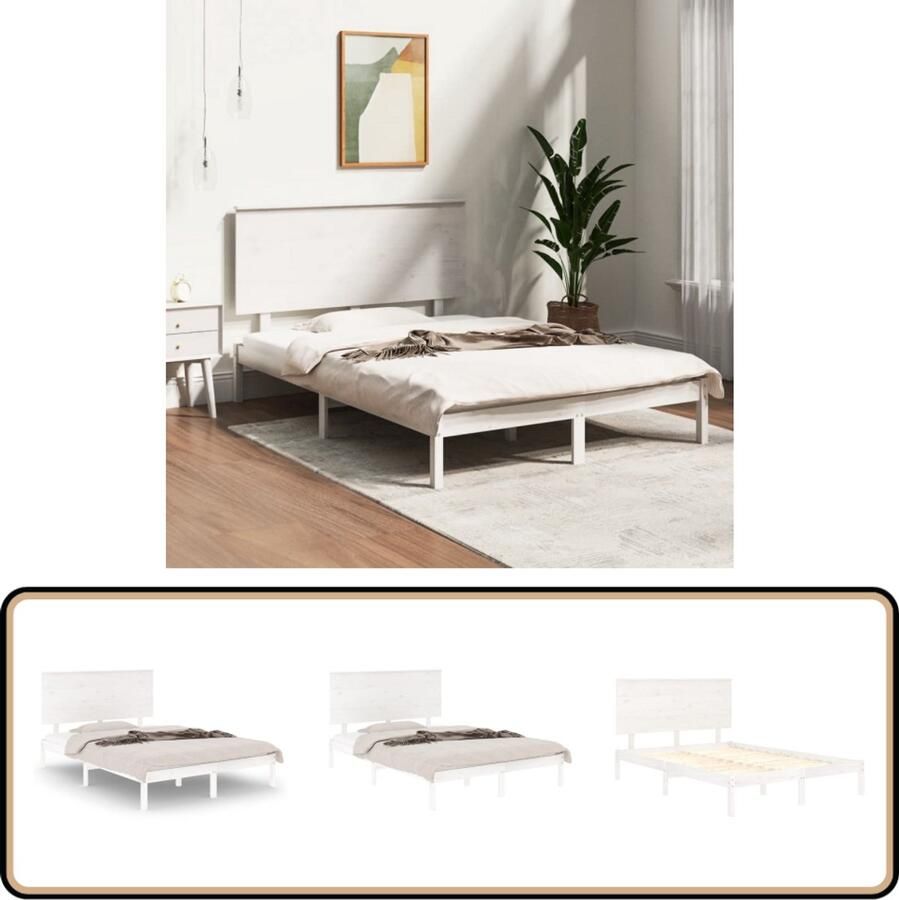 VidaXL Bedframe Massief Hout Wit 135x190 cm Houten Bed Frame Massief Grenenhout Bed Frame Wit Tweepersoons Bed Frame 135x190