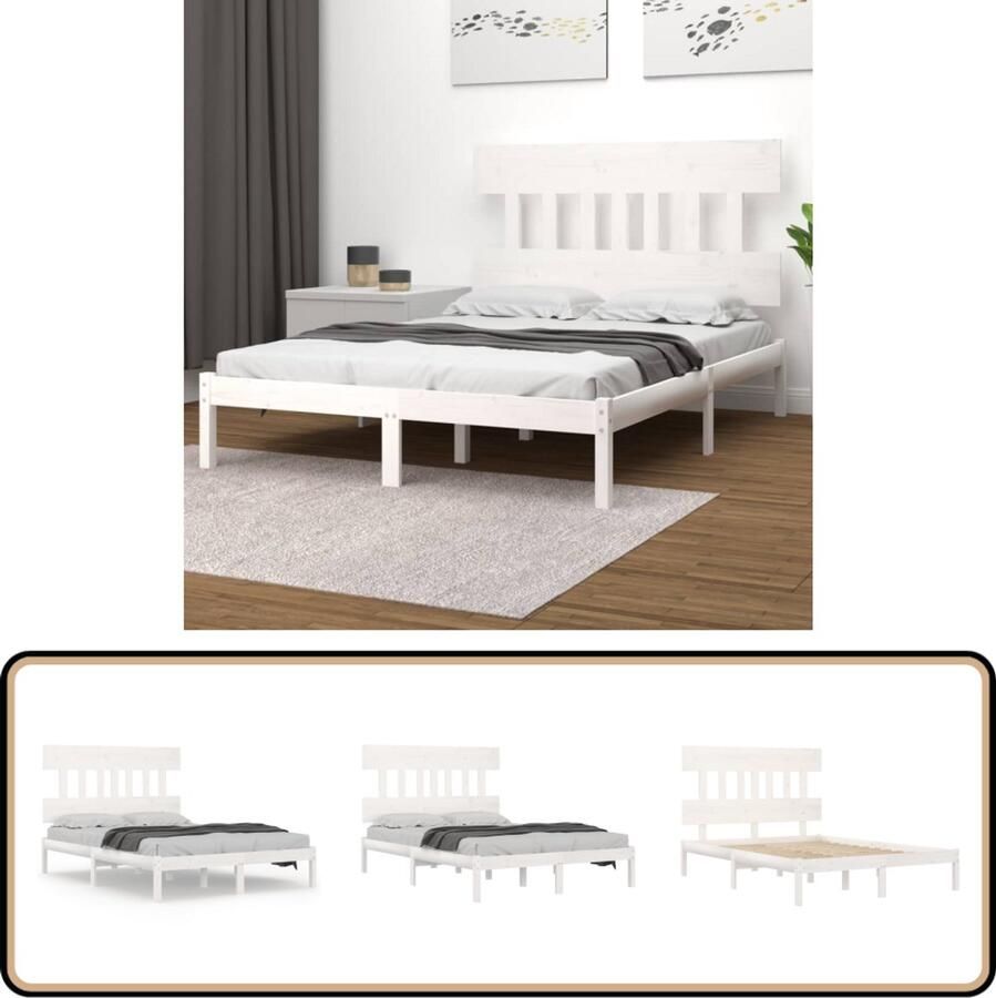 VidaXL Bedframe massief hout wit 135x190 cm Houten Bedframe Massief Grenenhout Bedframe Wit Tweepersoons Bed King Size Bed Slaapcomfort Hoofdbord Stapelbare Boxspring