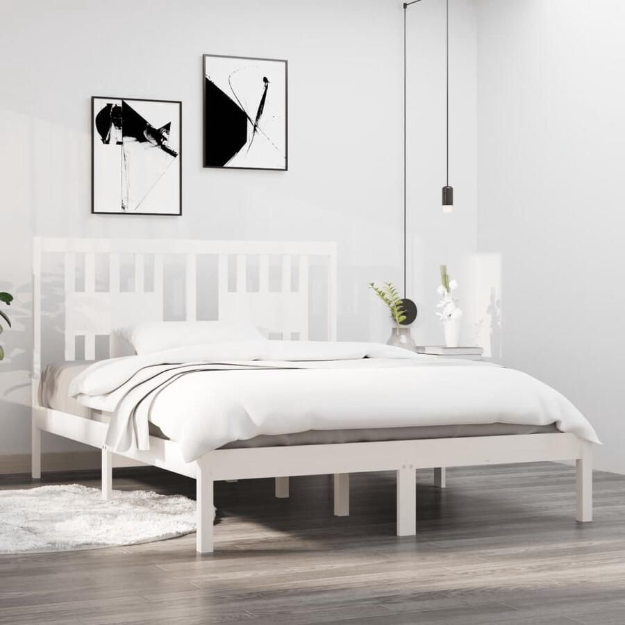 VidaXL Bedframe Massief Hout Wit 135x190 cm Klassieke Bed Frame Houten Bed Tweepersoons Bed Wit Bed Frame Bed Frame 135x190 Bed Frame Kopen - Foto 2