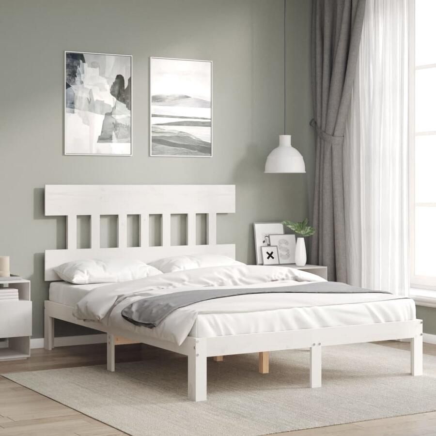 VidaXL -Bedframe-massief-hout-wit-135x190-cm-4FT6-Double - Foto 4