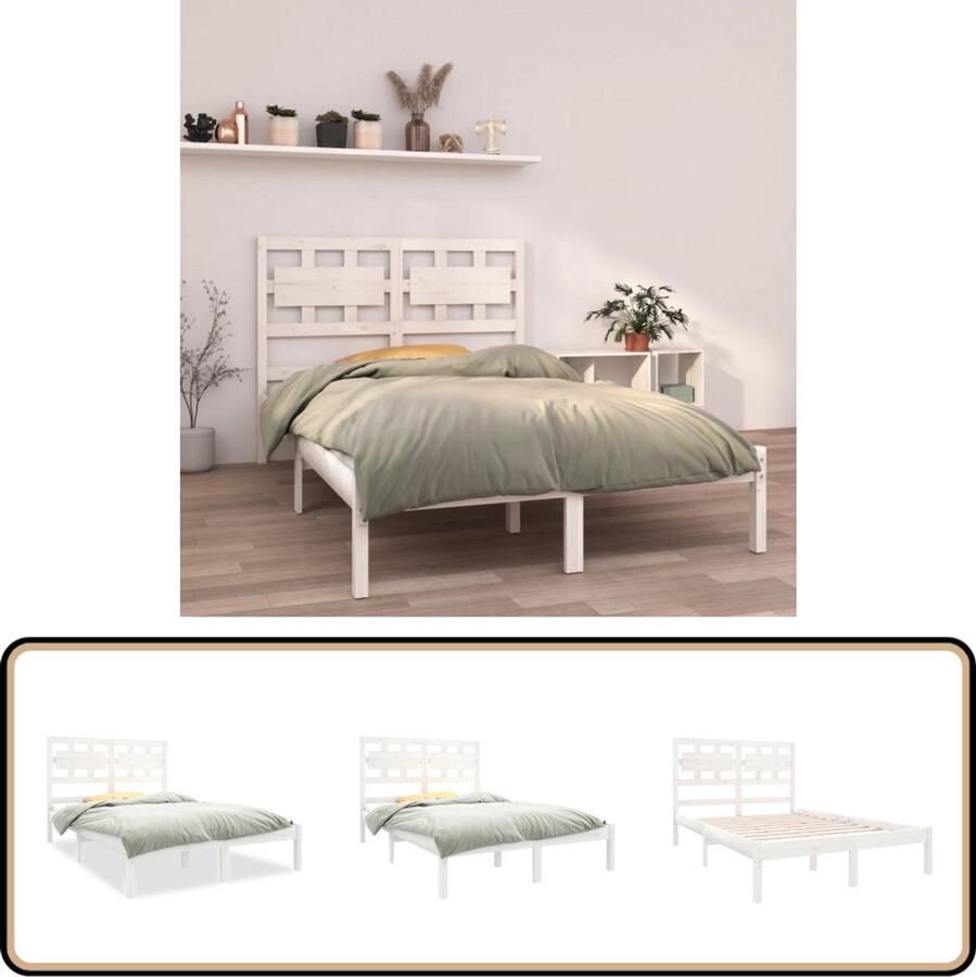VidaXL Bedframe Massief Hout Wit 140x190 cm Houten Bedframe Massief Grenenhout Tweepersoonsbed Witte Bedbank Bed Voor Volwassenen Comfortabel Bed Stijlvol Bed Modern Bed Minimalistisch Bed