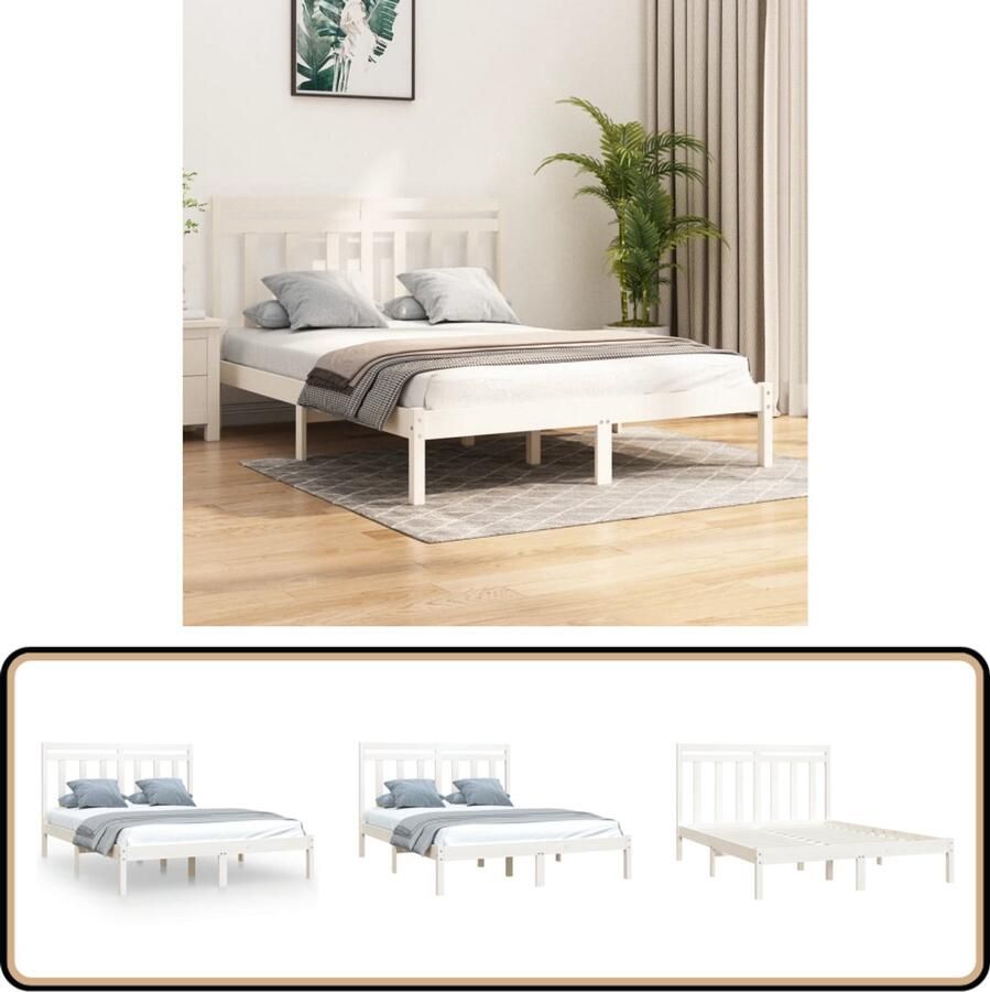 VidaXL Bedframe Massief Hout Wit 140x190 cm Houten Bedframe Massief Grenenhout Tweepersoonsbed Witte Bedbank Bed Met Hoofdbord