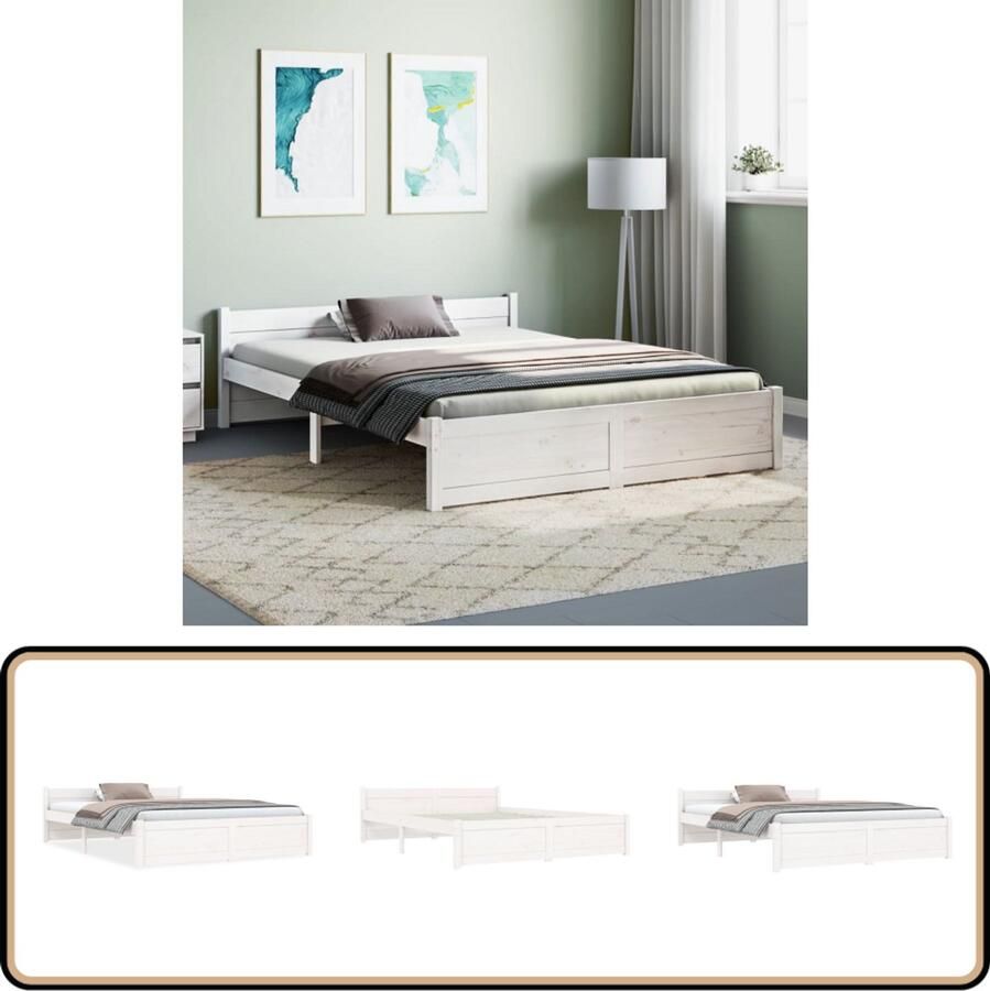 VidaXL Bedframe Massief Hout Wit 140x190 cm Houten Bedframe Massief Grenenhout Wit Bedframe Tweepersoons Bed 140x190