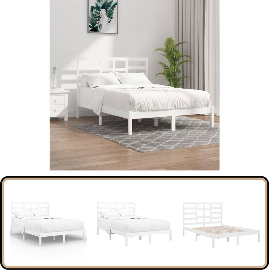 VidaXL Bedframe Massief Hout Wit 140x190 cm Houten Bedframe Massief Grenenhout Witte Bed Tweepersoons Bed Modern Bed