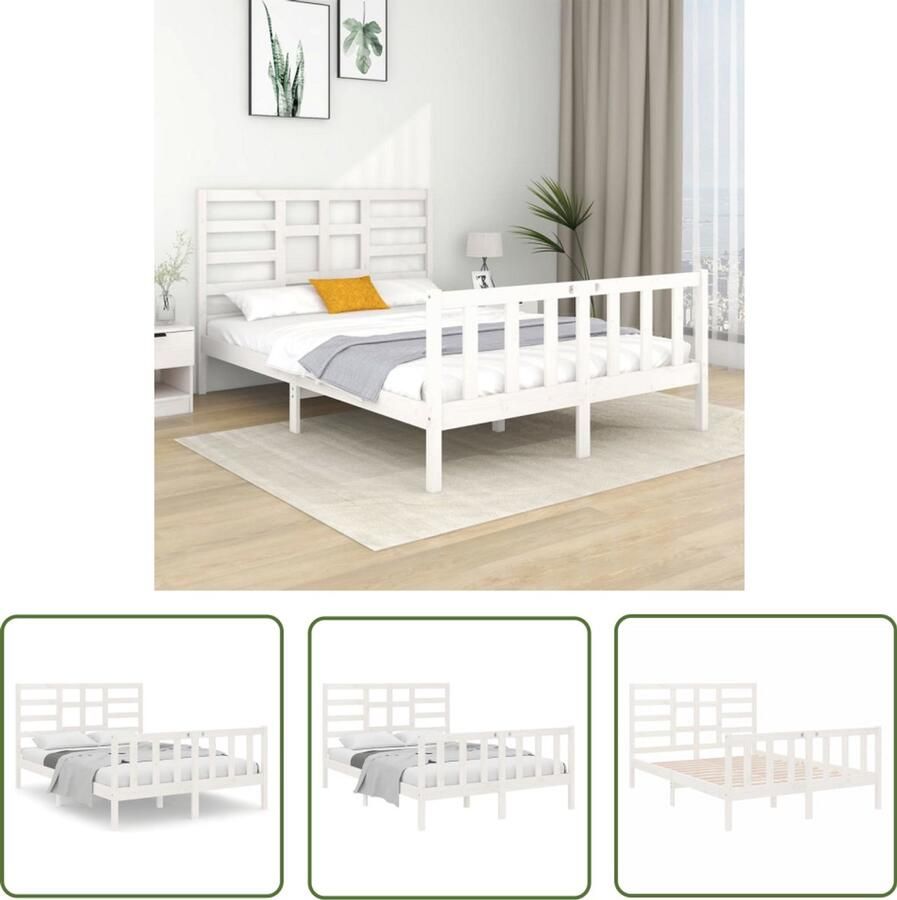 VidaXL Bedframe Massief Hout Wit 140x190 cm Houten Bedframe Modern Design Witte Kleur Massief Grenenhout Stabiel Bedframe Lattenbodem 140x190 Cm