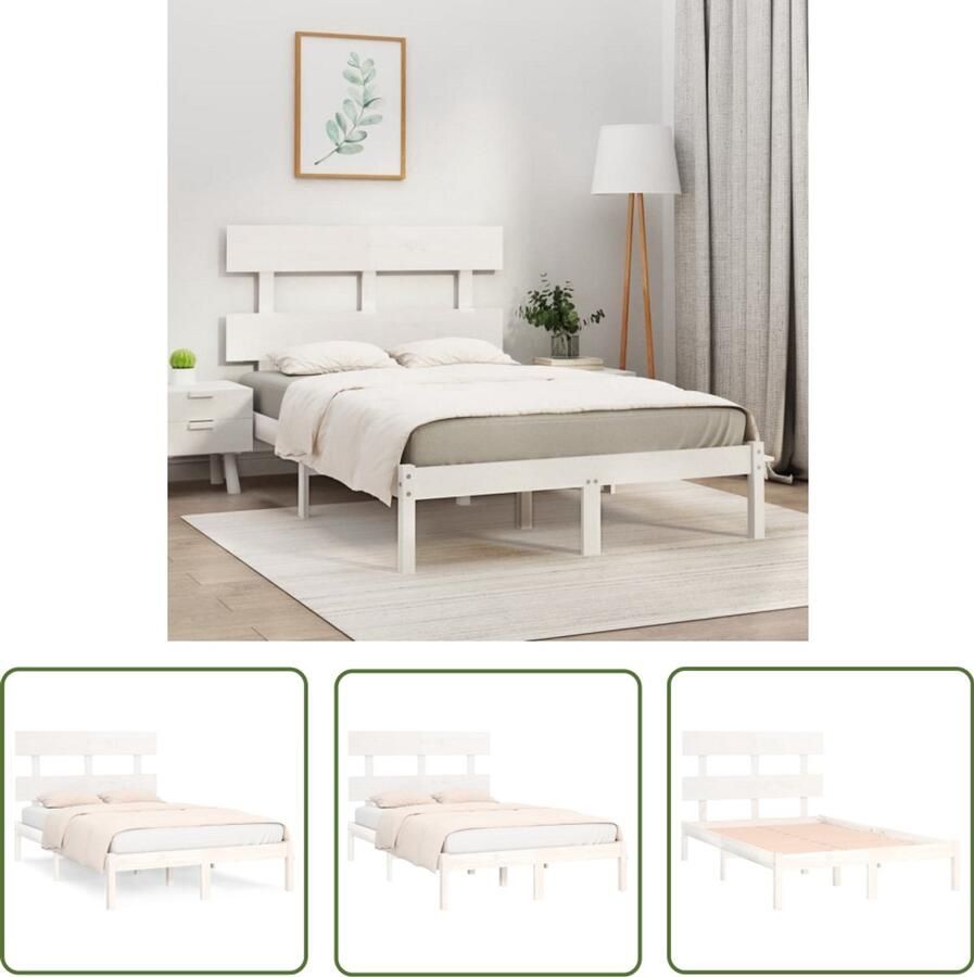 VidaXL Bedframe Massief Hout Wit 140x200 cm Houten Bedframe Bedsteun Hoofdbord Grenenhout Wit Bedframe Tweepersoonsbed Slaapcomfort