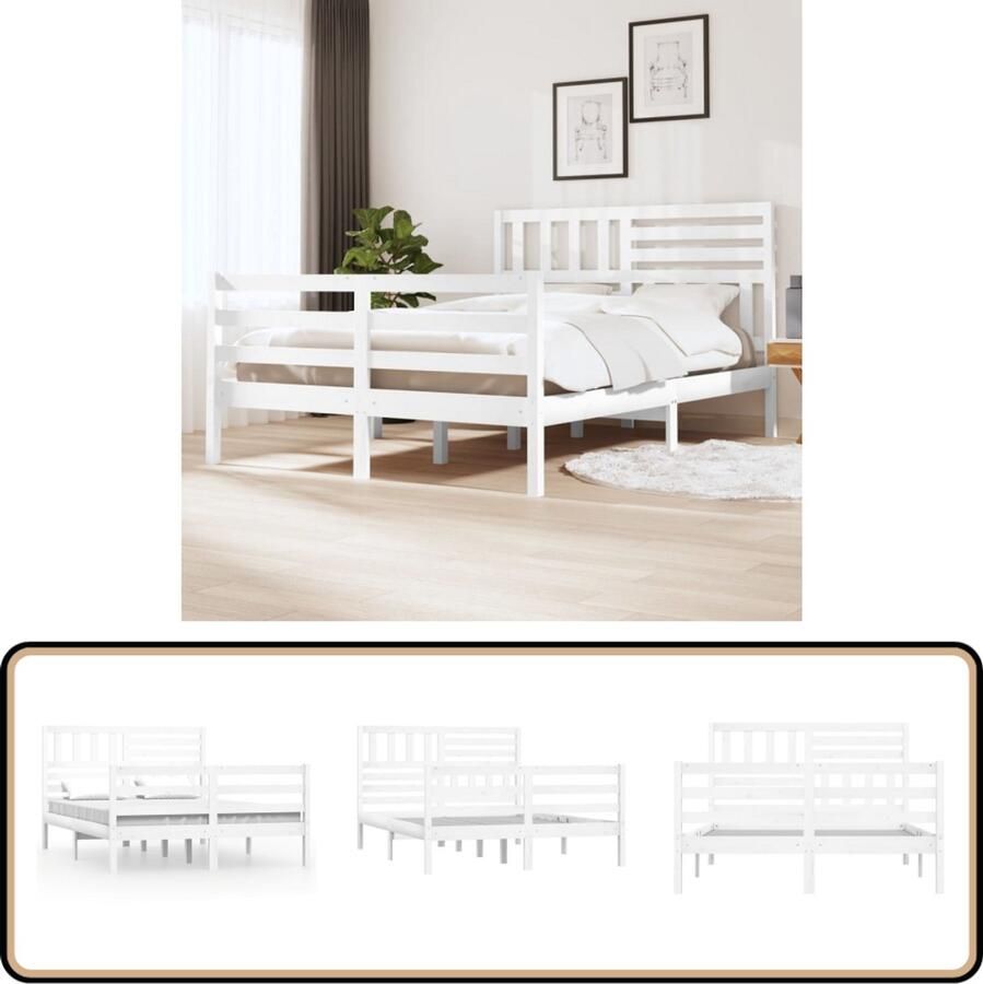 VidaXL Bedframe Massief hout Wit 140x200 cm Massief Houten Bedframe Wit Bedframe 140x200 Bedframe Met Hoofdeinde Slaapcomfort Modern Bedframe