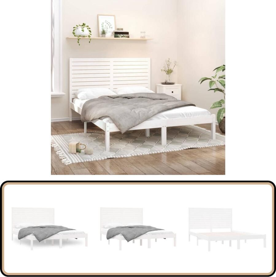VidaXL Bedframe massief hout wit 150x200 cm Houten Bedframe King Size Bed Tweepersoons Bed Massief Grenenhout Witte Bedbank