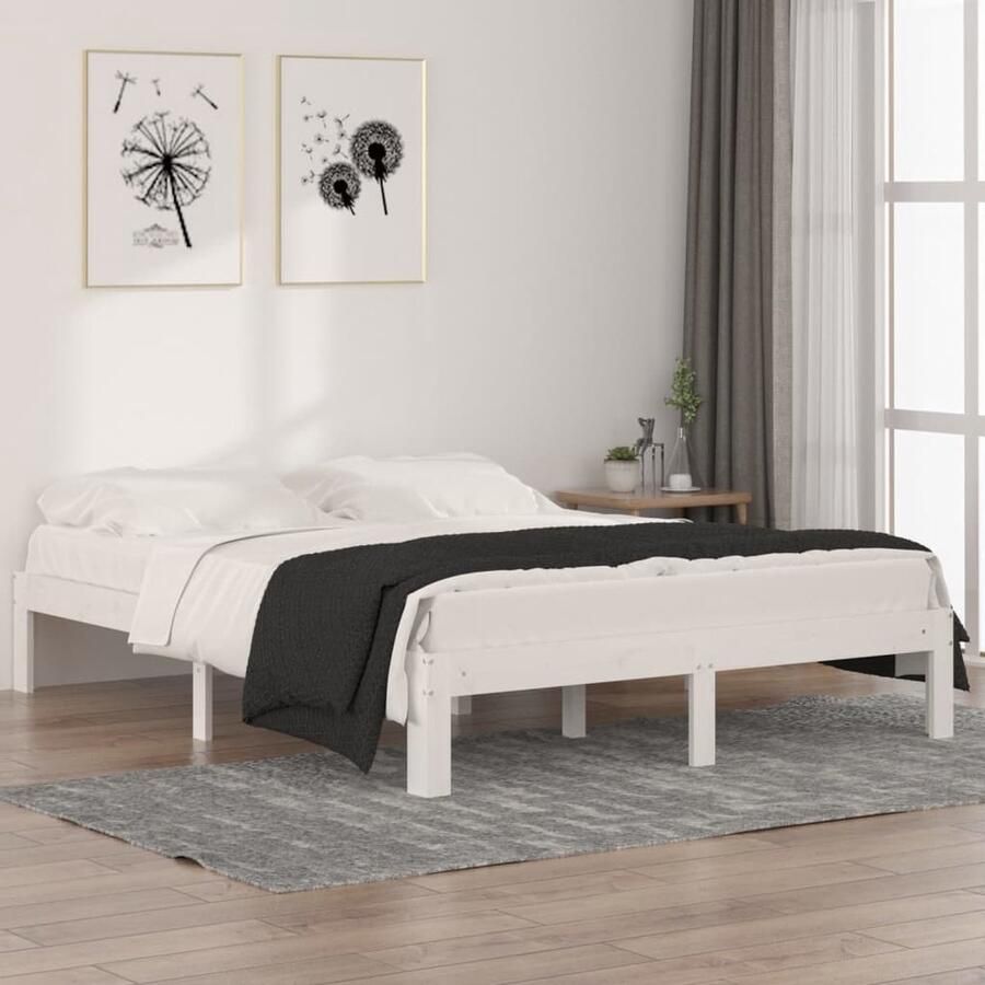 VidaXL Bedframe Massief Hout Wit 150x200 cm Houten Bedframe Massief Grenenhout Tweepersoons Bed Wit Bedframe Modern Bedframe Stabiele Bedframe King Size Bed - Foto 2