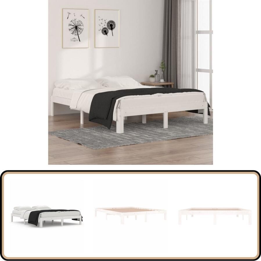 VidaXL Bedframe Massief Hout Wit 150x200 cm Houten Bedframe Massief Grenenhout Tweepersoons Bed Wit Bedframe Modern Bedframe Stabiele Bedframe King Size Bed