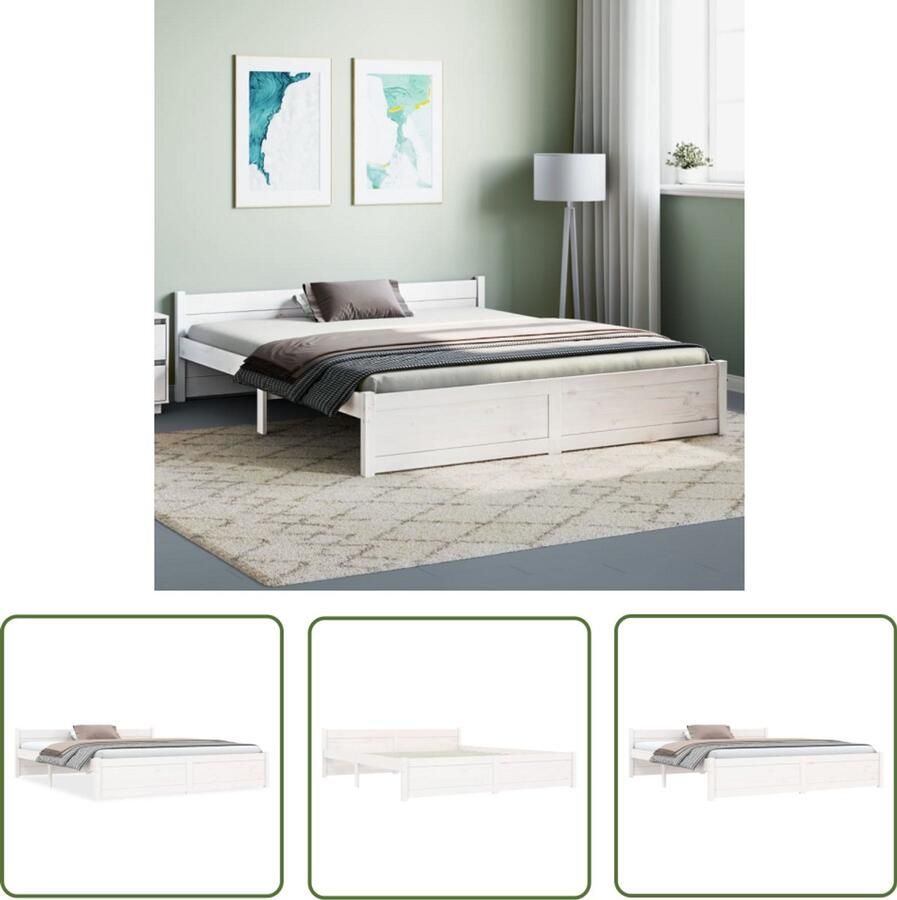 VidaXL Bedframe Massief hout Wit 150x200 cm Houten Bedframe Tweepersoons Bed Wit Bed Modern Bed Bedframe Grenenhout Stabiel Bedframe Comfortabele Hoofdbord