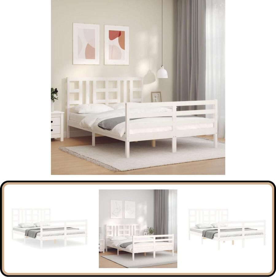 VidaXL Bedframe Massief Hout Wit 150x200 cm Massief Houten Bed Frame Tweepersoons Bed Witte Bed Frame Hoofd Bord Bed Houten Bed