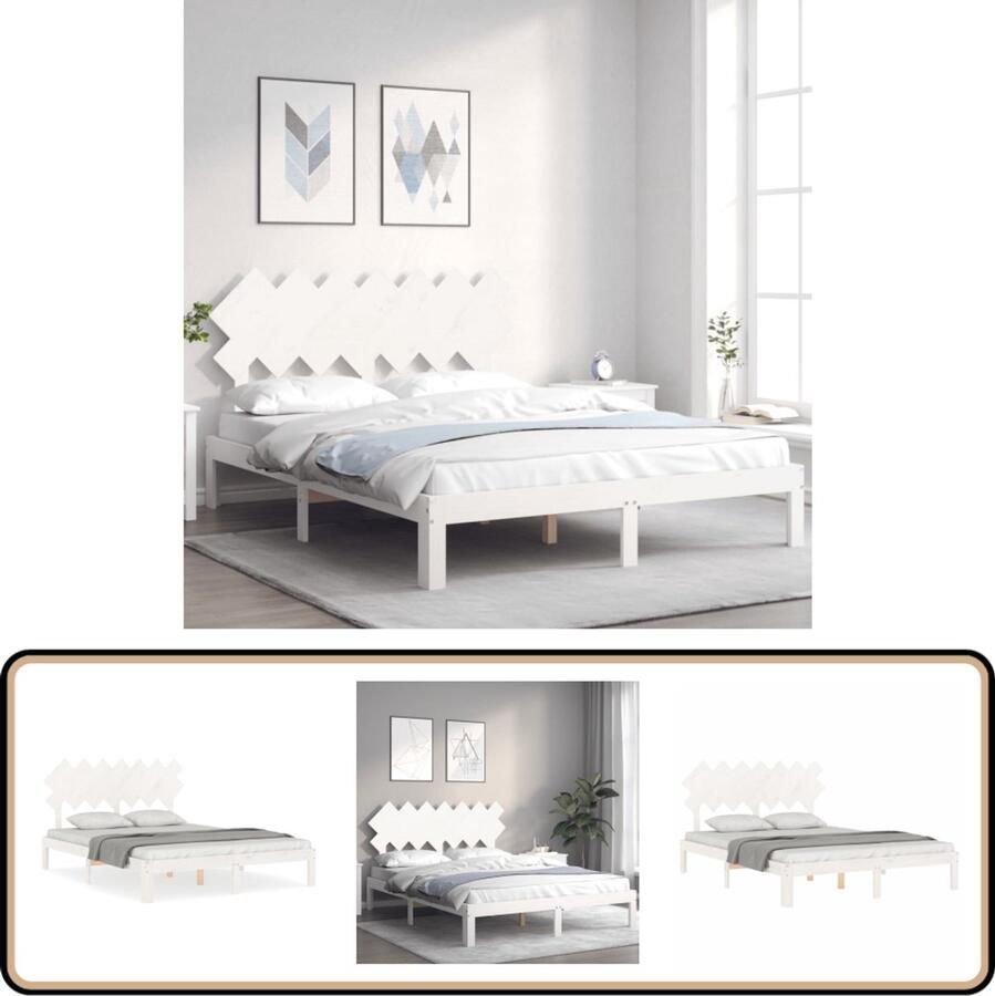 VidaXL Bedframe Massief Hout Wit 150x200 cm Massief Houten Bed Frame Wit Bed Frame Tweepersoons Bed Frame Met Hoofdbord Grenenhout Bed Frame