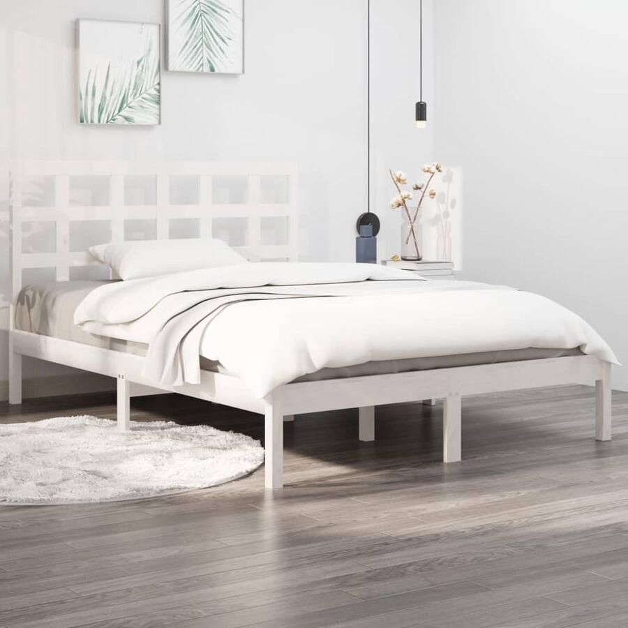 VidaXL Bedframe Massief Hout Wit 160x200 cm Klassieke Bedframe Houten Bed Tweepersoonsbed Wit Bedframe Met Hoofdeinde Grenenhouten Bed Stevige Bedframe - Foto 2