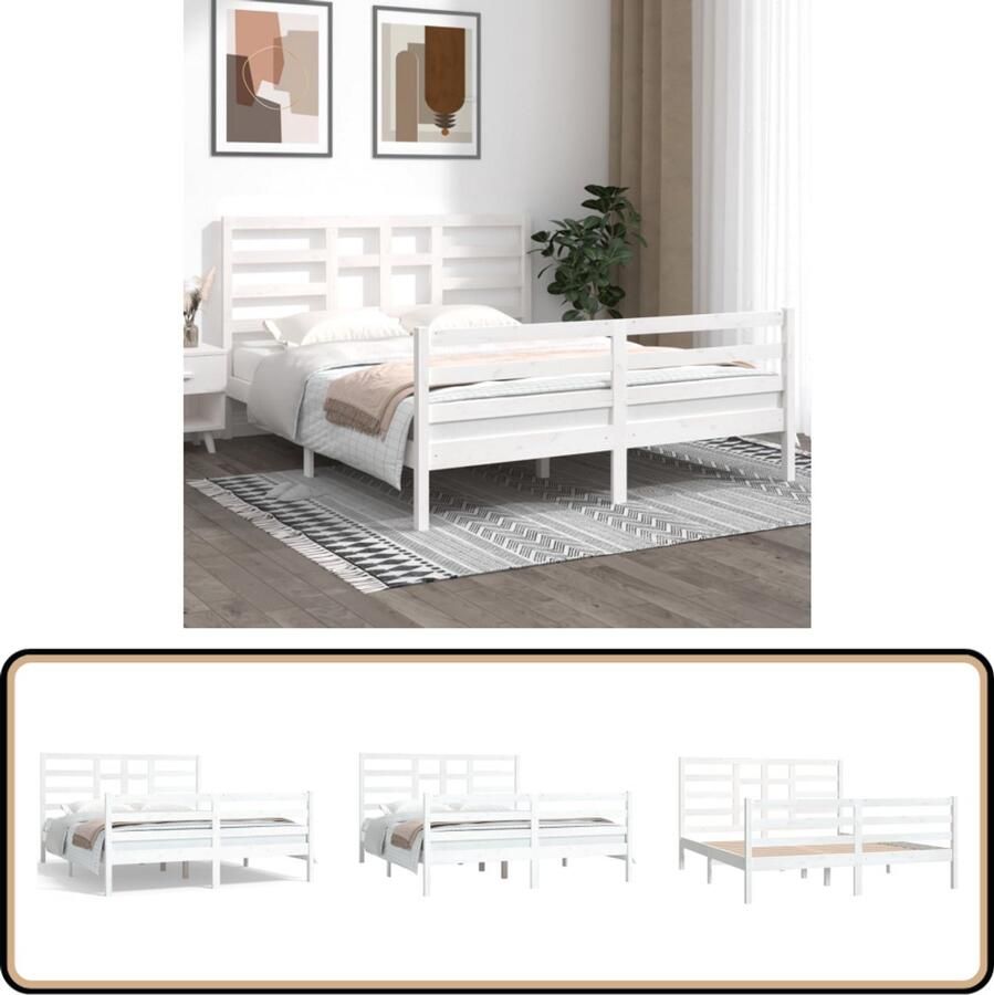 VidaXL Bedframe Massief Hout Wit 160x200 cm Houten Bedframe Bedsteun Tweepersoonsbed Massief Grenenhout Wit Bed Slaapkamer Meubels Boxspring Bed King Size Bed
