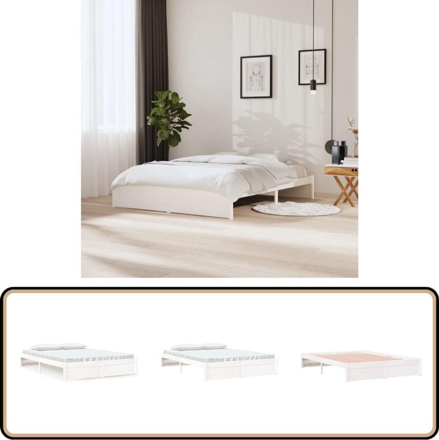 VidaXL Bedframe Massief Hout Wit 160x200 cm Houten Bedframe Modern Bedframe Tweepersoons Bed Witte Bedframe 160x200 Slaapkamers Meubilair