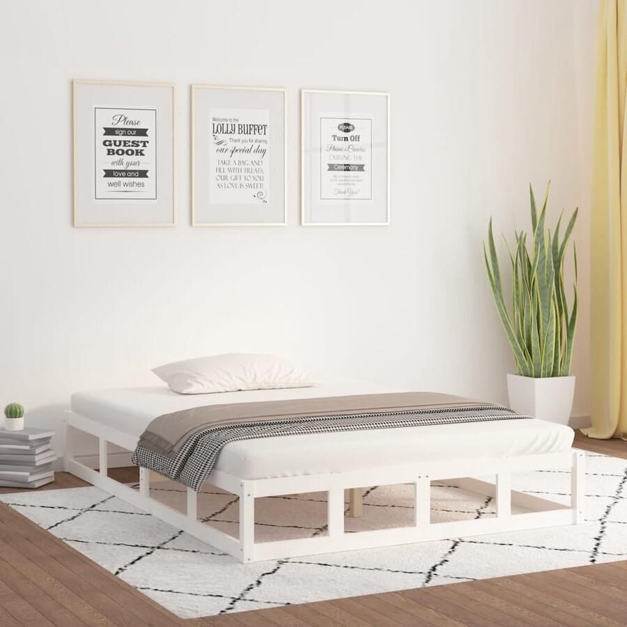 VidaXL Massief Houten Bedframe Wit 135x190 cm Houten Bedframe Modern Bedframe Wit Bedframe 135x190 Grenenhout Bedframe Stabiel Bedframe Rustiek Bedframe - Foto 2