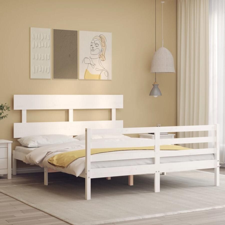VidaXL Bedframe Massief Hout Wit 160x200 cm Massief Houten Bed Frame Tweepersoons Bed Witte Bed Frame Hoofd Bord Bed Frame Kopen Slaapkamer Meubels - Foto 2
