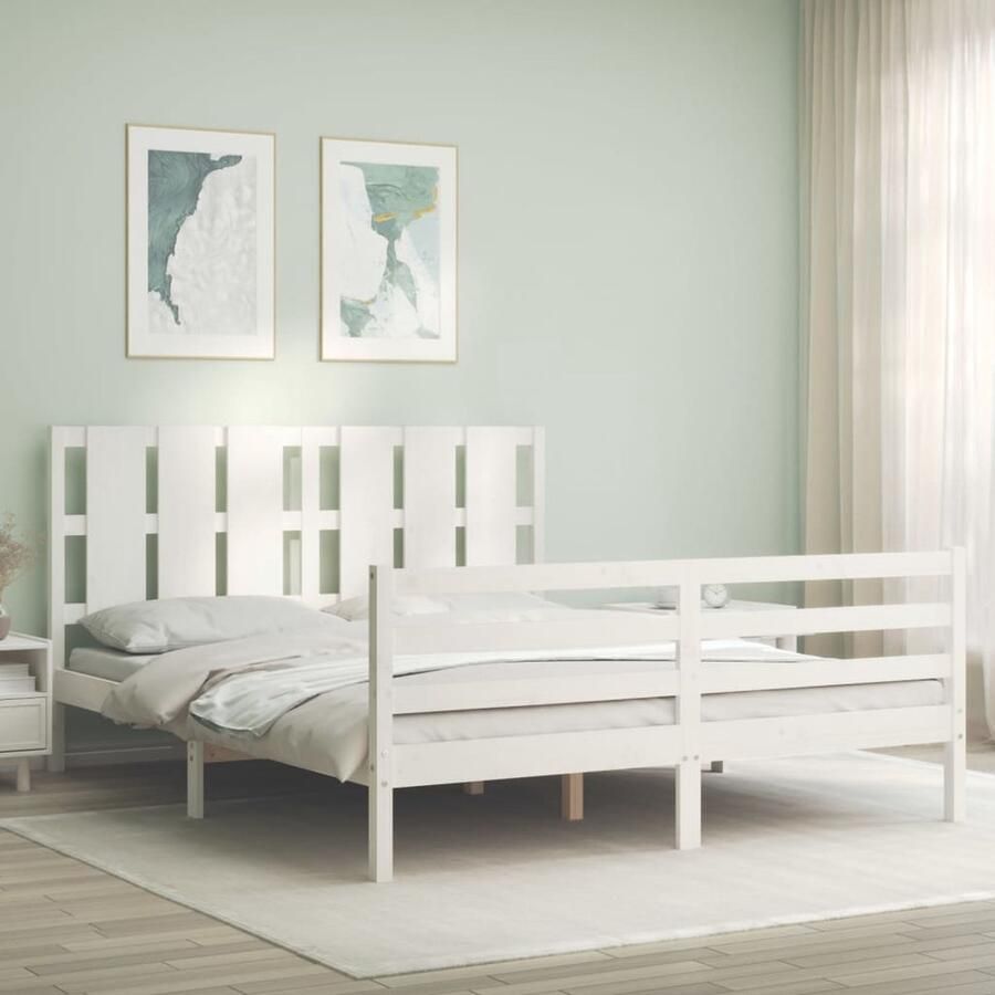 VidaXL Bedframe Massief hout Wit 160x200 cm Massief Houten Bed Frame Tweepersoons Bed Witte Bed Frame Hoofd- En Voetbord Grenenhout Bed Slaapcomfort - Foto 2