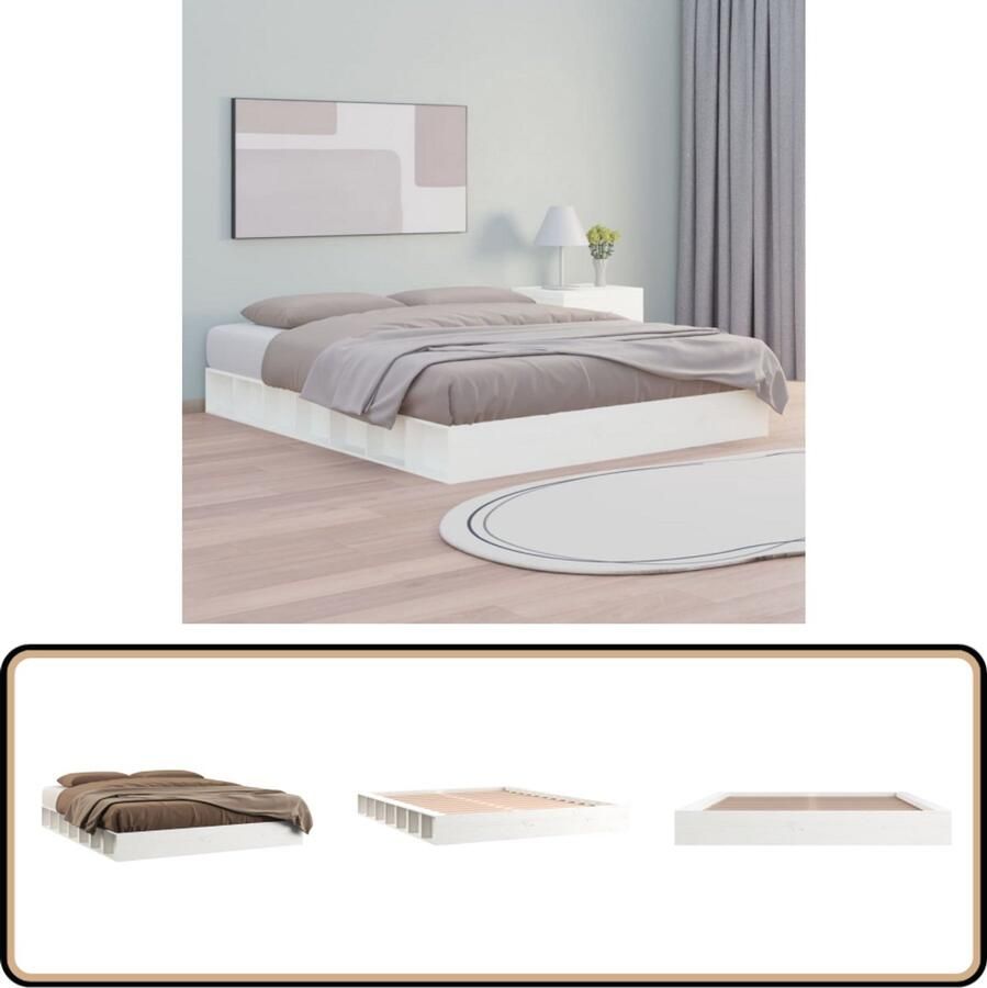 VidaXL Bedframe Massief hout Wit 160x200 cm Massief Houten Bedframe Tweepersoons Bed Witte Bedframe Ruimtebesparend Bed Bedframe 160x200
