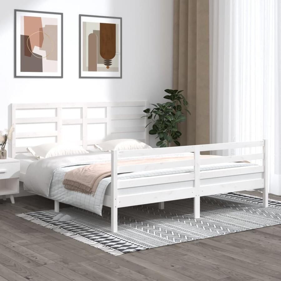 VidaXL Bedframe Massief Hout Wit 180x200 cm Houten Bedframe Wit Bedframe Modern Bedframe King Size Bedframe 180x200 Bedframe Met Hoofdbord - Foto 2