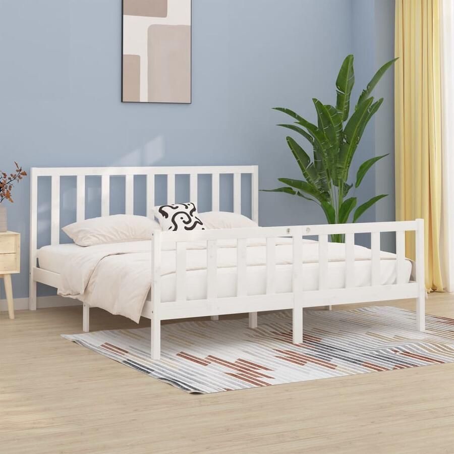 VidaXL Bedframe massief hout wit 200x200 cm Houten Bedframe Tweepersoonsbed Bedbodems Massief Grenenhout Witte Bedden Bed Frames - Foto 3