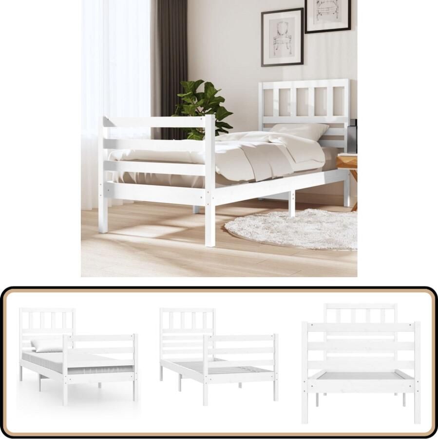 VidaXL Bedframe massief hout Wit 75x190 cm Bedframe Grenenhouten Bed Wit Bed Klein Tweepersoonsbed Stapelbare Box Spring