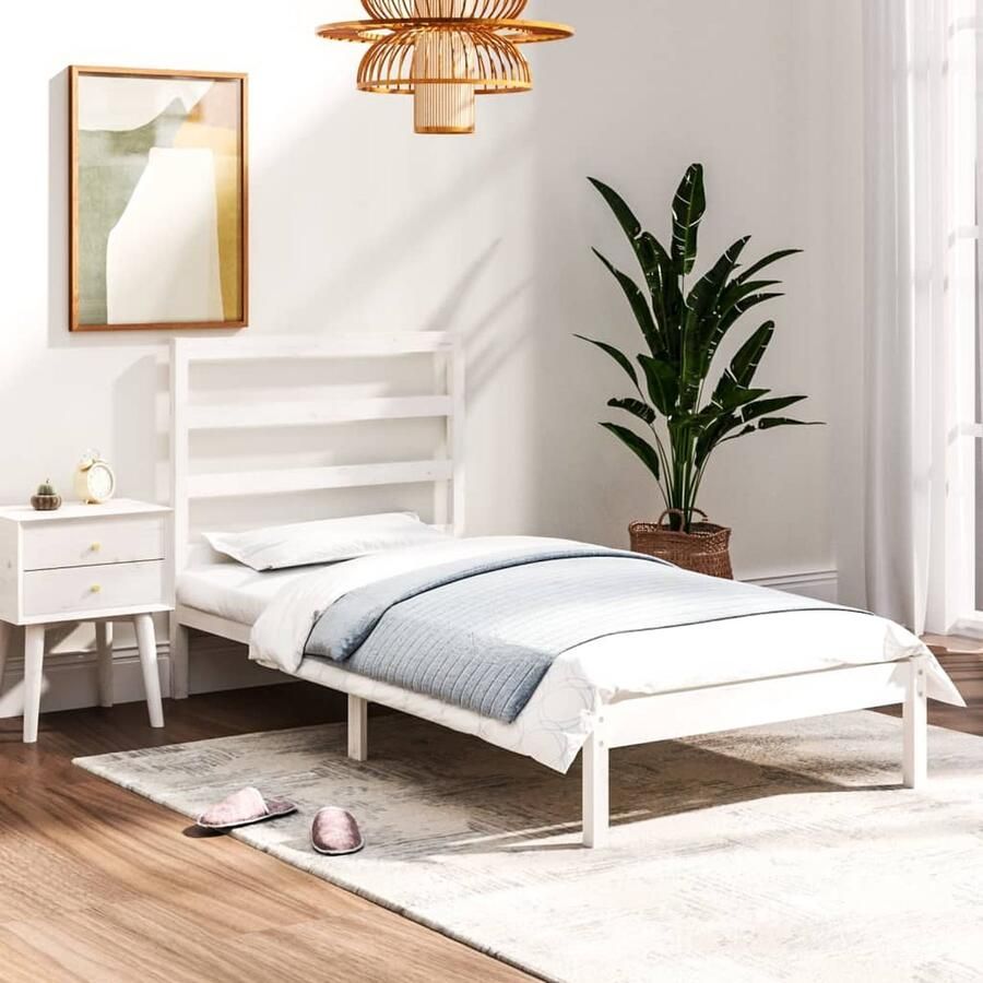 VidaXL Bedframe massief hout wit 75x190 cm Houten Bedframe Massief Grenenhout Enkel Bed Klein Tweepersoonsbed Witte Bedframe Modern Bedframe Met Hoofdeinde - Foto 2