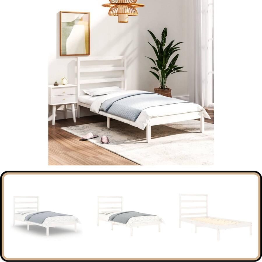 VidaXL Bedframe massief hout wit 75x190 cm Houten Bedframe Massief Grenenhout Enkel Bed Klein Tweepersoonsbed Witte Bedframe Modern Bedframe Met Hoofdeinde