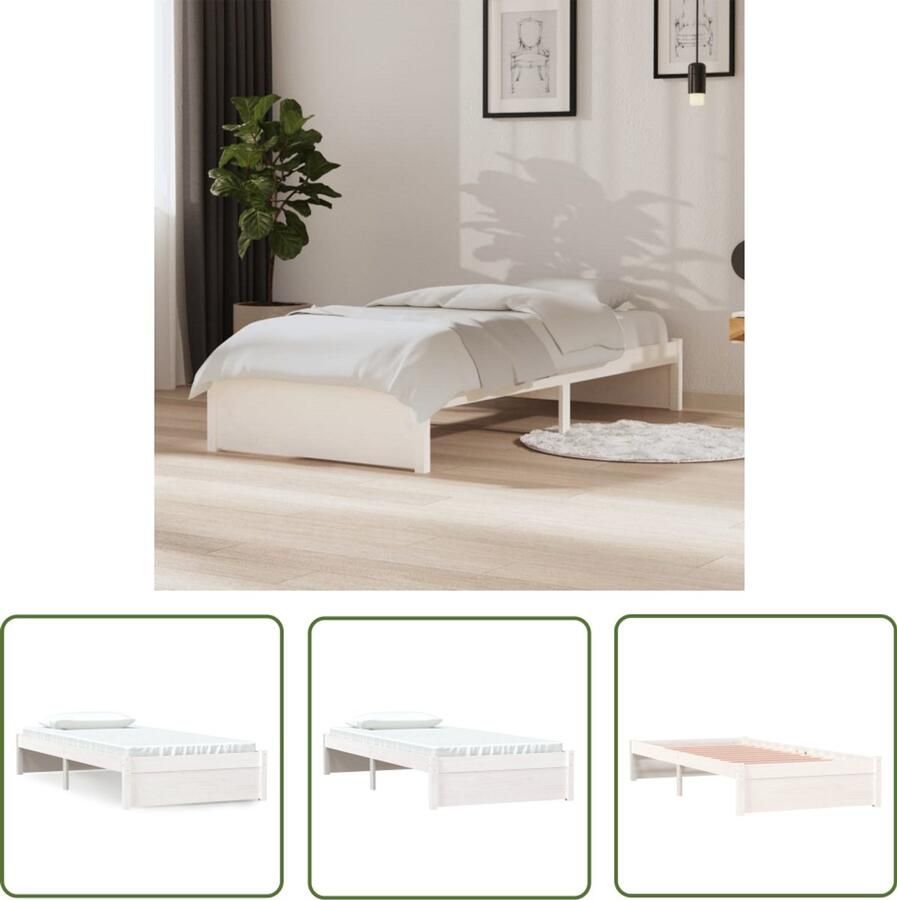 VidaXL Bedframe Massief Hout Wit 90x190 cm Houten Bedframe Eenpersoonsbed Witte Bedframe Modern Bed Slaapkamersdecoratie Compact Bed Budgetvriendelijk Bed Stapelbare Bed