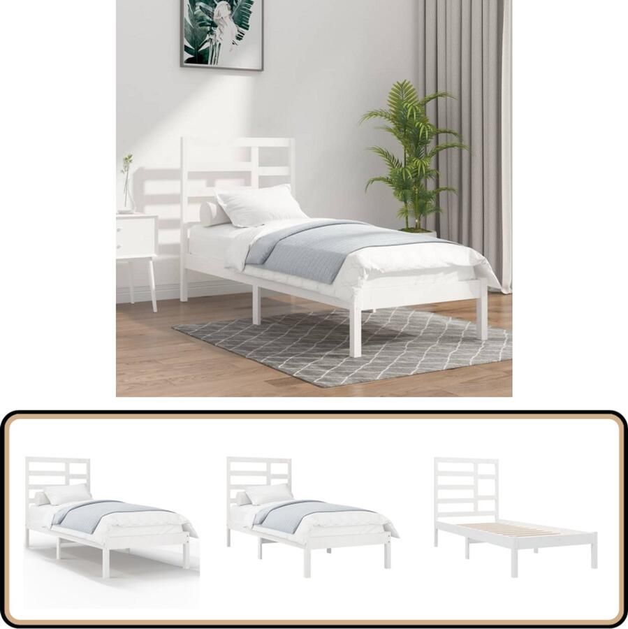 VidaXL Bedframe Massief Hout Wit 90x200 cm Houten Bedframe Enkelbed Witte Bedbank Modern Design Massief Grenenhout