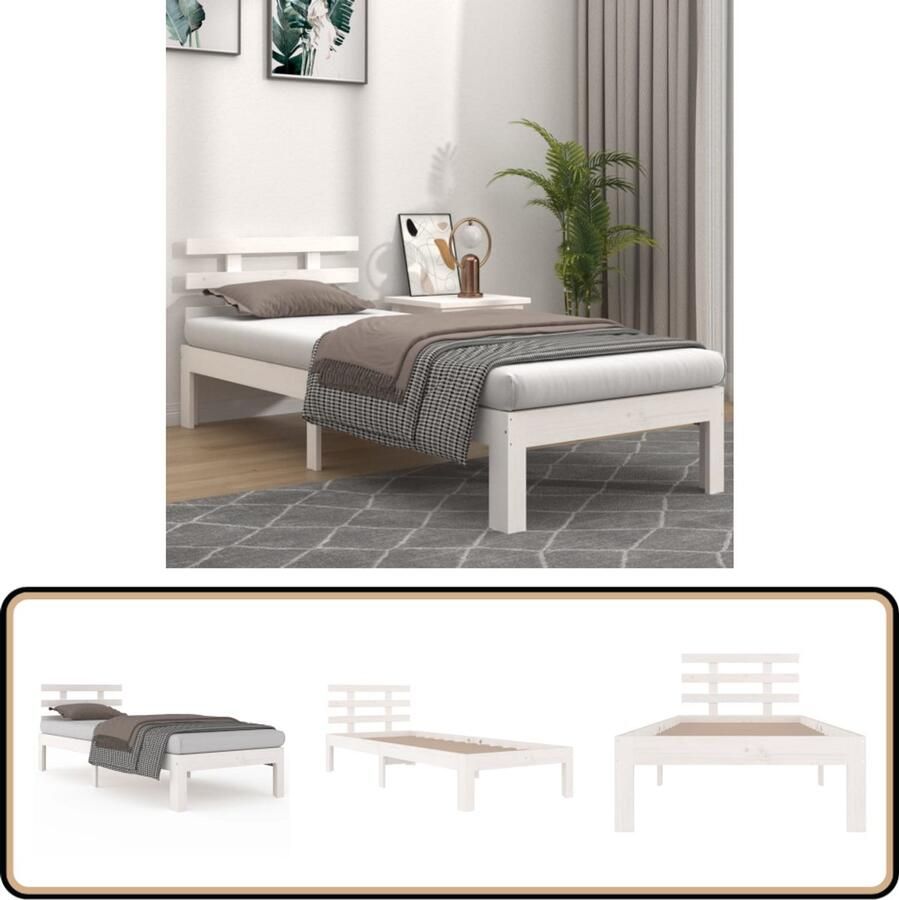 VidaXL Bedframe Massief Hout Wit 90x200 cm Modern Bedframe Houten Bed Enkelbed Witte Bedbank Slaapcomfort Design Bed Budgetvriendelijk Bed Klein Bed Stapelbare Bedden